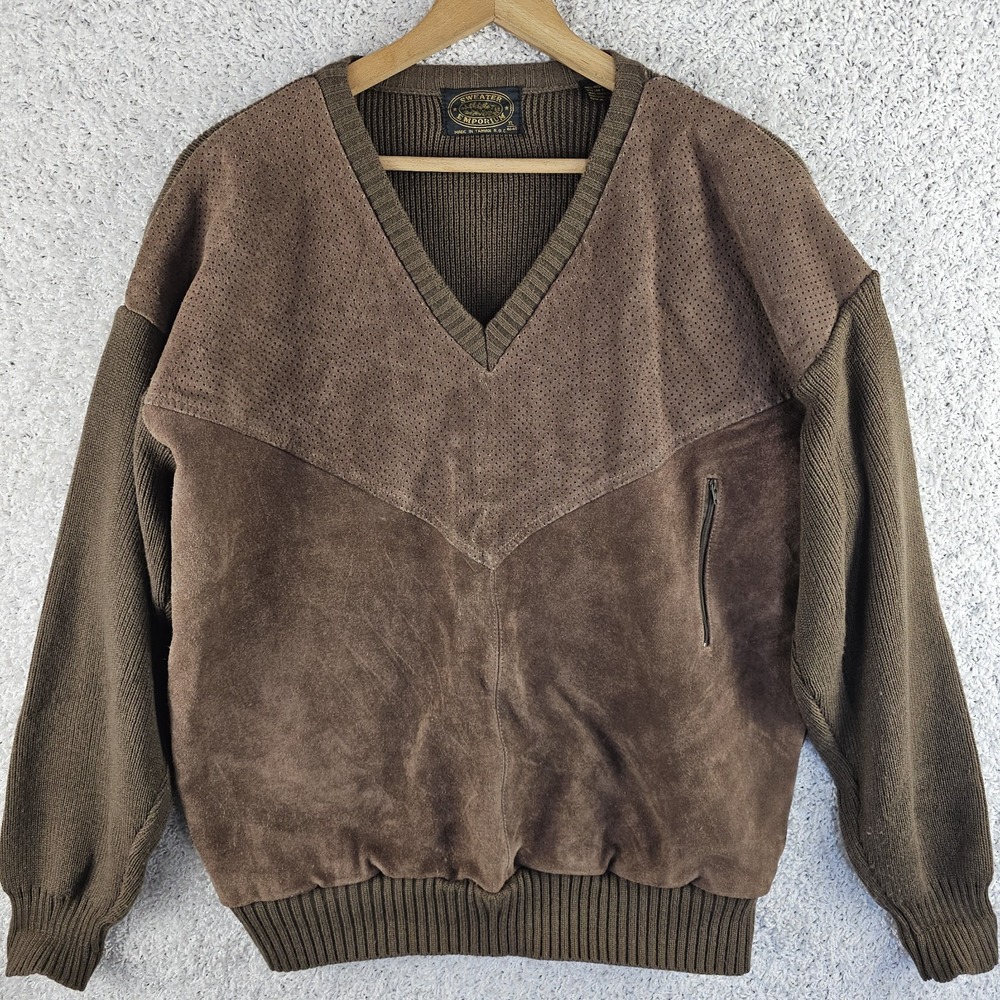 Vtg 70s Leather V Neck Sweater Cow Suede Brown Western Rockabilly Mens‎ XL